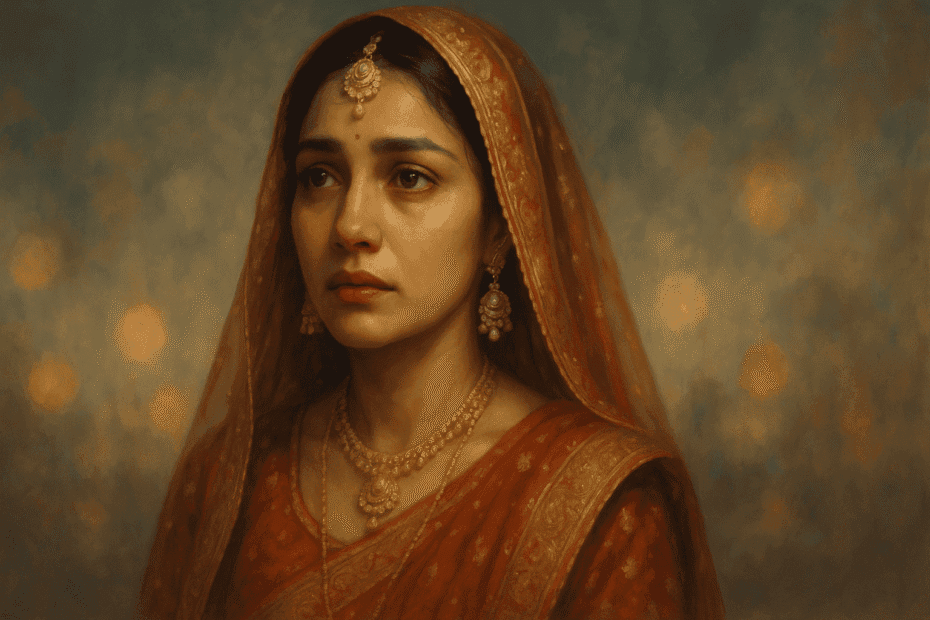 A beautiful young Indian woman in traditional bridal attire, with a subtle glow, looking hopeful yet with a hint of underlying sadness in her eyes, against a blurred, dreamlike background.