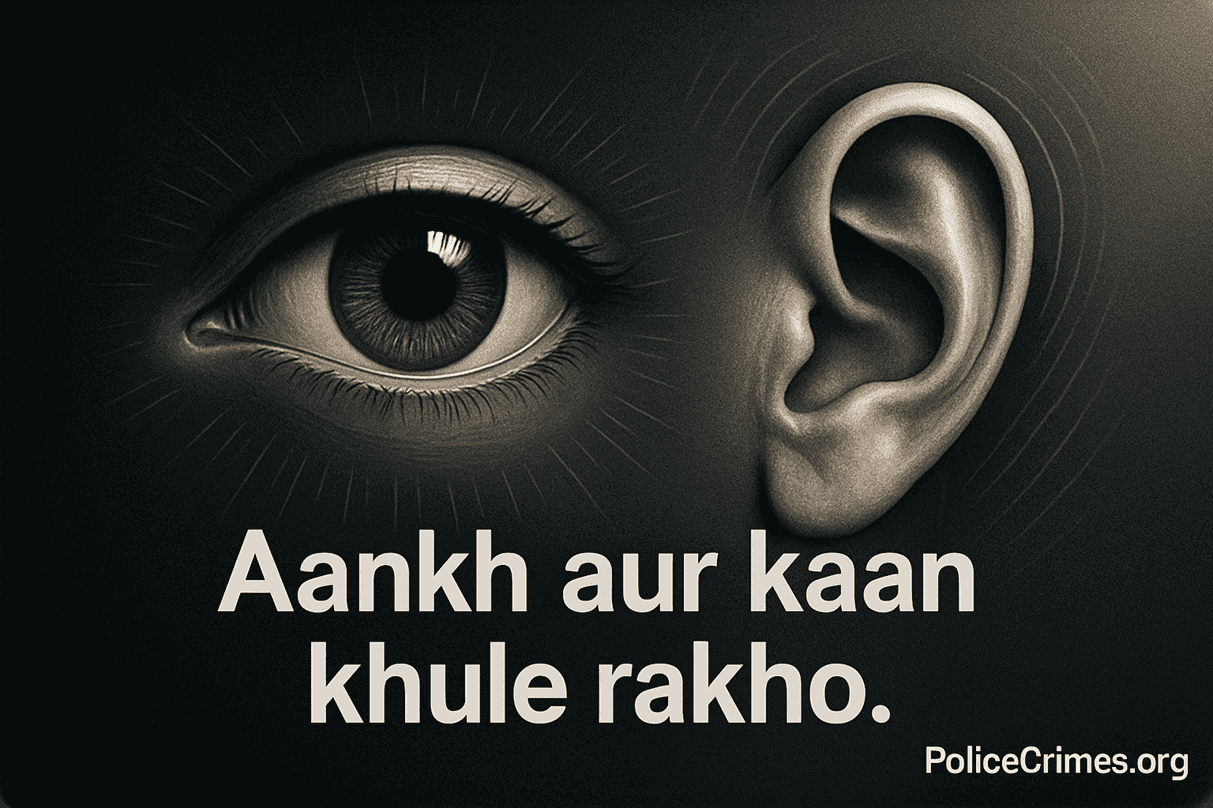 Aankh aur kaan ki symbolic tasveer, jo jagruk rehne ki salah deti hai.