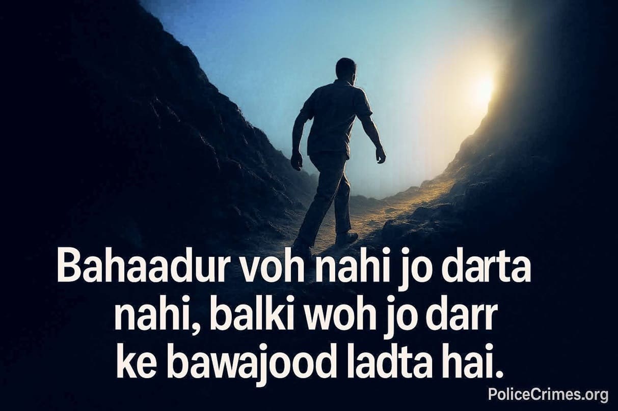 Ek insaan mushkil raste par aage badh raha hai, jo darr ke bawajood bahaaduri se ladne ko dikhata hai.