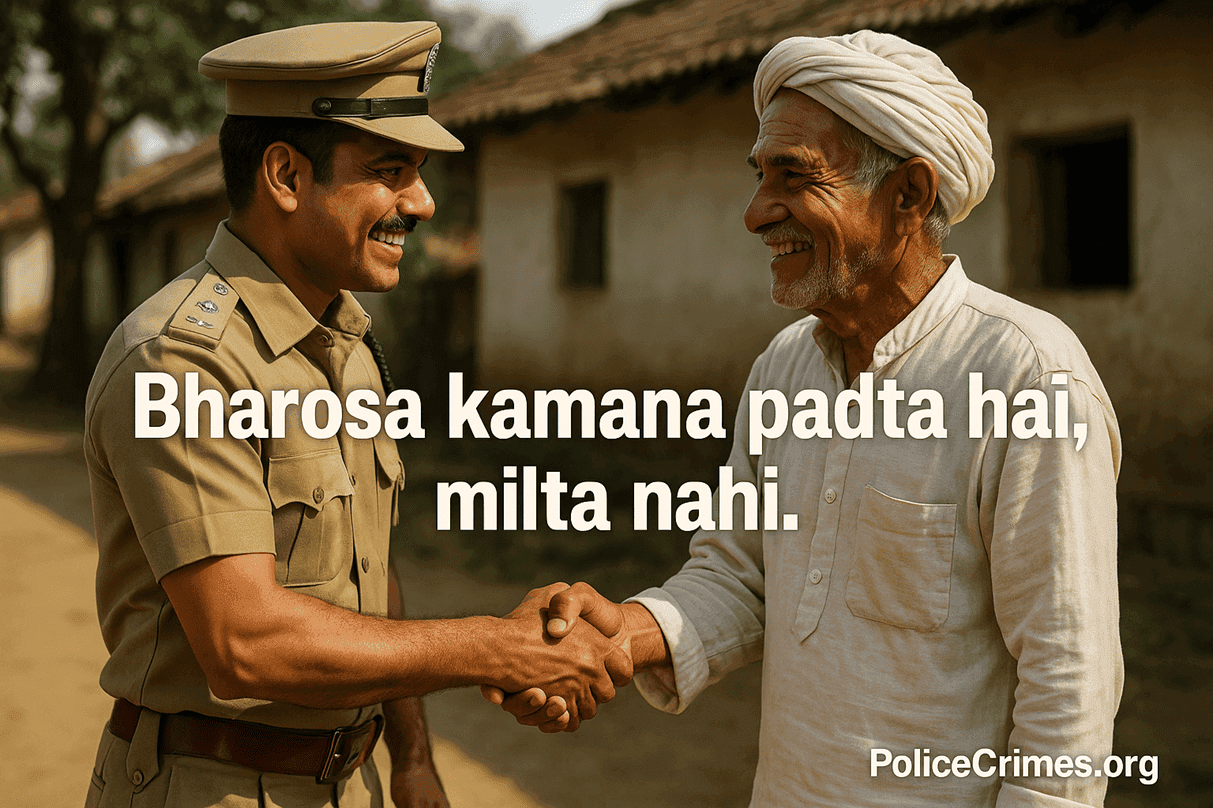 Police officer aur gaon ka buzurg haath mila rahe hain, jo bharosa kamane ko dikhata hai.