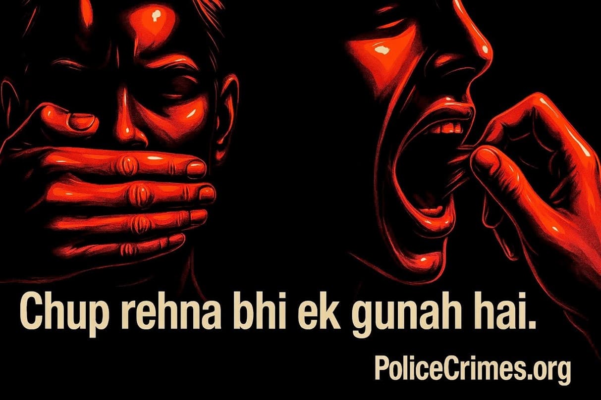 Muh par bandhi patti aur use hatata haath, jo chup na rehne aur awaz uthane ko dikhata hai.
