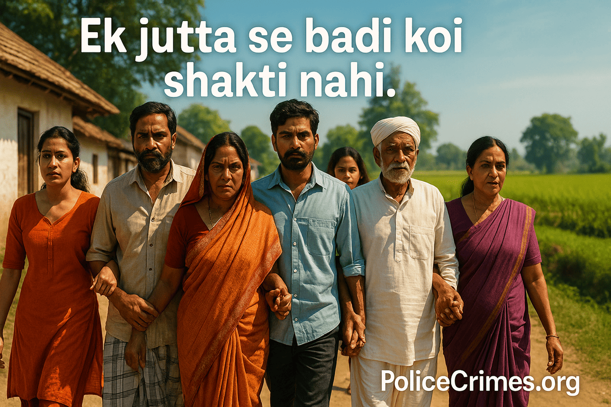Gaon ke log ek jutta dikhate hue milkar chal rahe hain, jo ekta aur suraksha ko darshata hai.