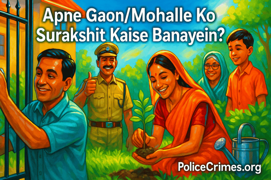 Gaon ya mohalle ke log aur police officer milkar apne ilake ko surakshit bana rahe hain, jo community safety aur apradh rokne ko dikhata hai.