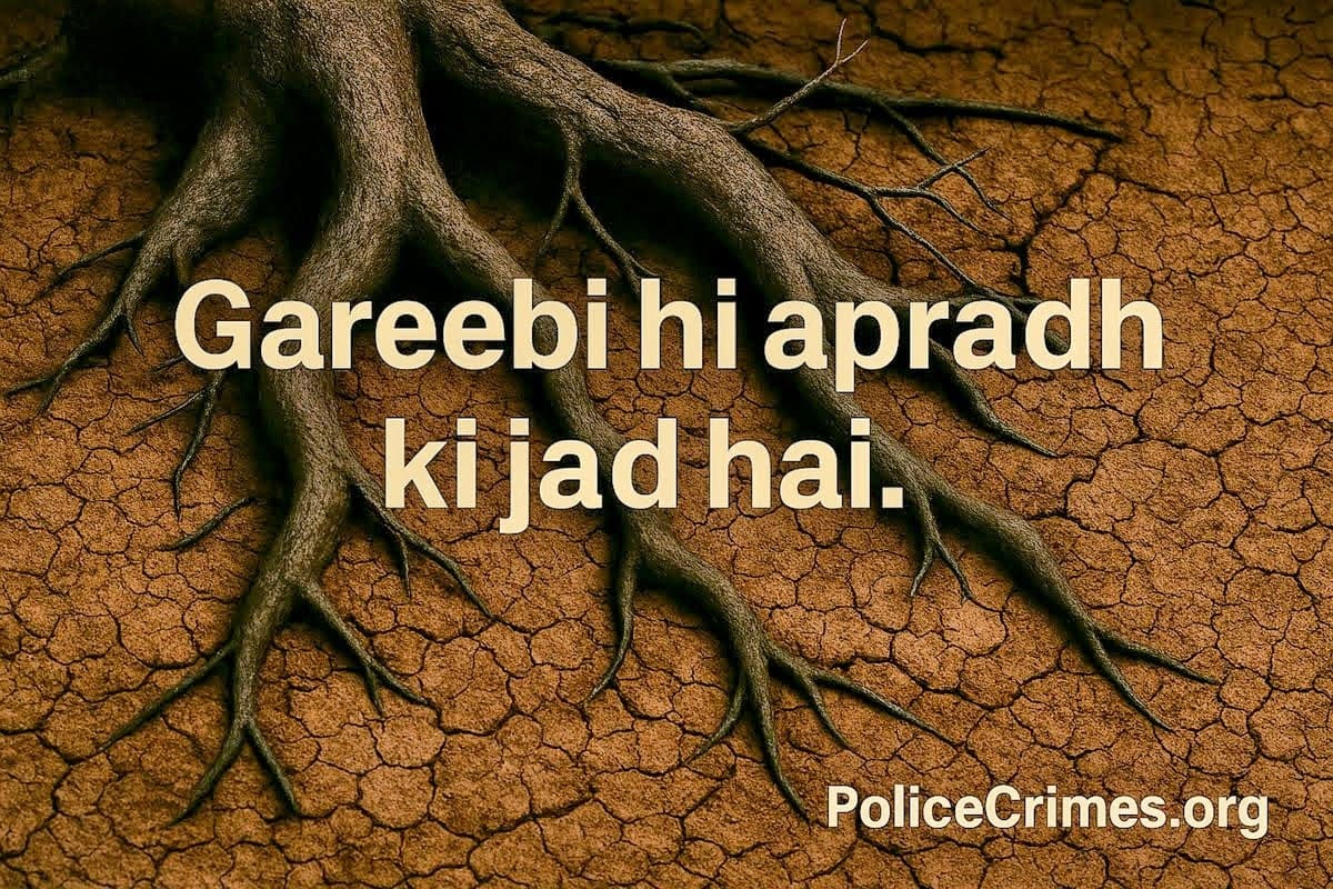 Sookhi zameen mein ped ki jad dikh rahi hai, jo gareebi aur apradh ke rishte ko dikhata hai.