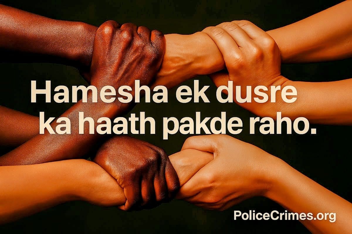 Kai haath ek dusre ko pakde hue hain, jo milkar kaam karne aur ekta ko darshata hai.