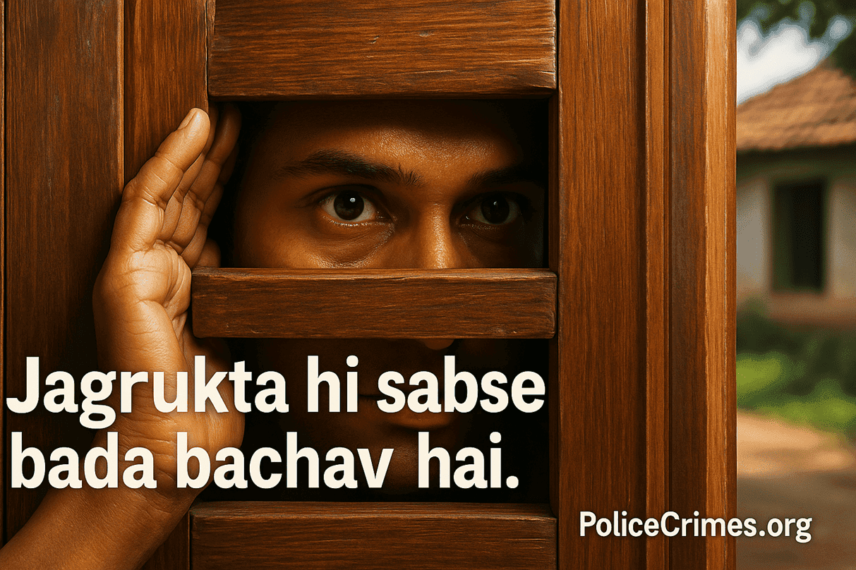 Ek insaan khidki se bahar dhyan se dekh raha hai, jo jagrukta aur bachav ko dikhata hai.