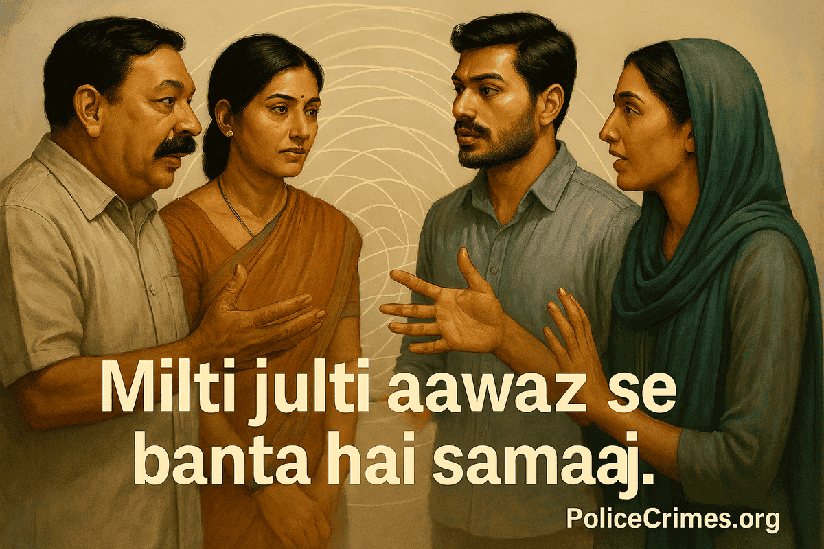 Kai log circle mein khade hain, jo milkar baat karne aur samaj banane ko dikhate hain.