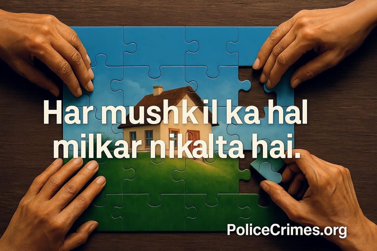 Kai haath milkar ek puzzle pura kar rahe hain, jo dikhata hai ki har mushkil ka hal milkar nikalta hai.