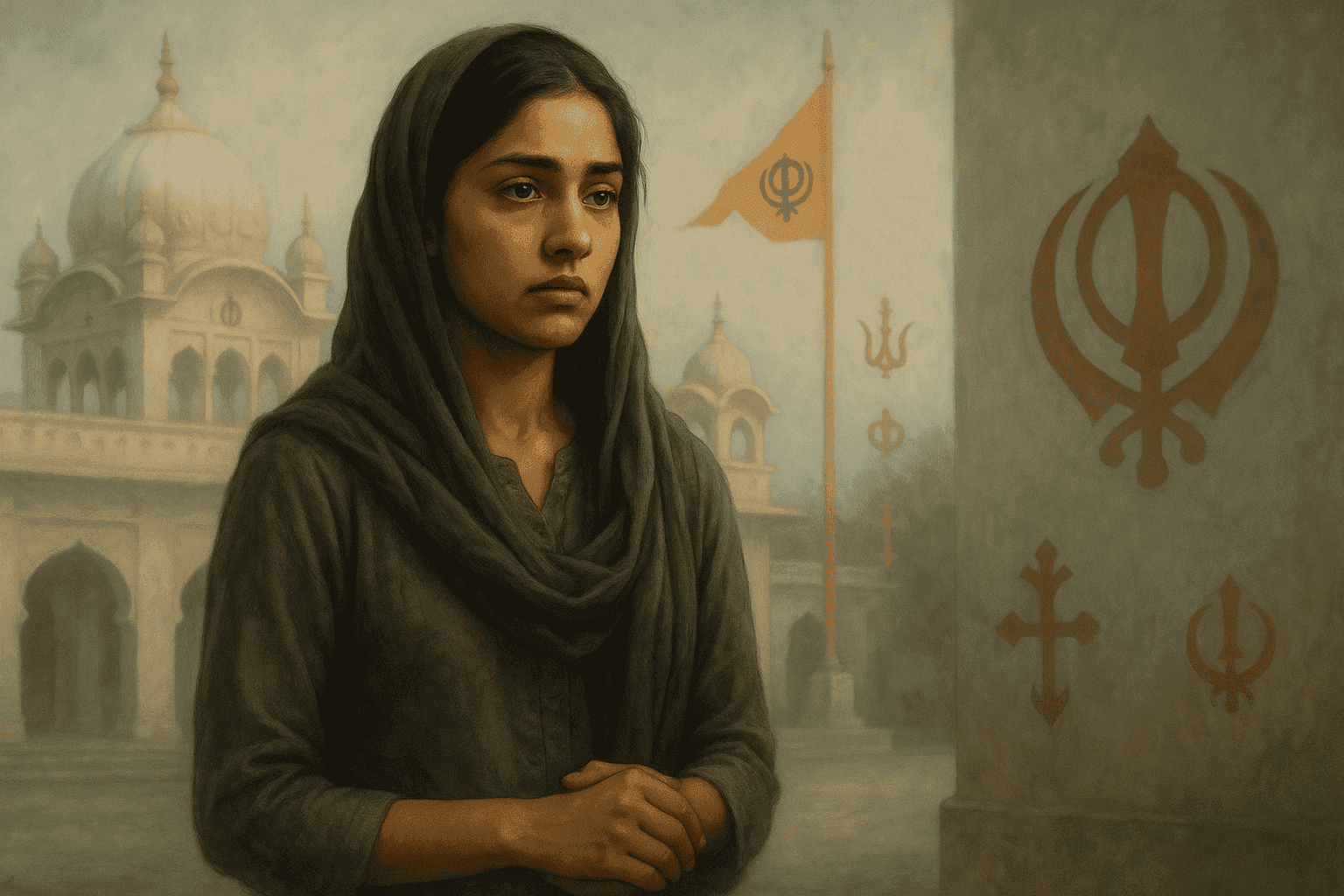 Ek ladki jo Sikhism mein apni ruchi dikha rahi hai, Gurudwara ke paas khadi hai. Ek ladki jo Sikhism mein apni ruchi dikha rahi hai, Gurudwara ke paas khadi hai.