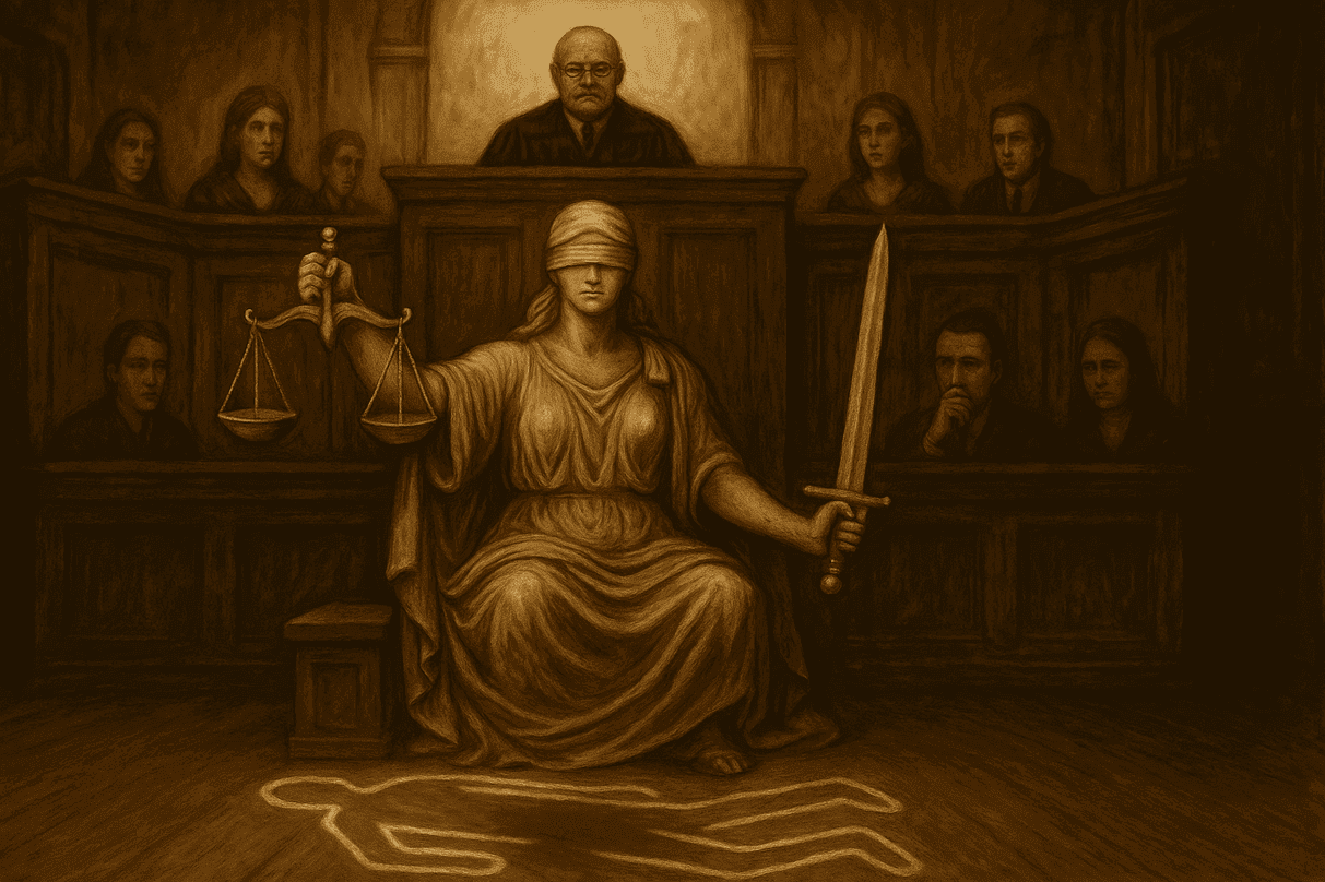 Ek courtroom scene ka symbolic aur artistic pratinidhitva, jo nyay aur crime ke baad ke consequences par focus karta hai. Ek courtroom scene ka symbolic aur artistic pratinidhitva, jo nyay aur crime ke baad ke consequences par focus karta hai.