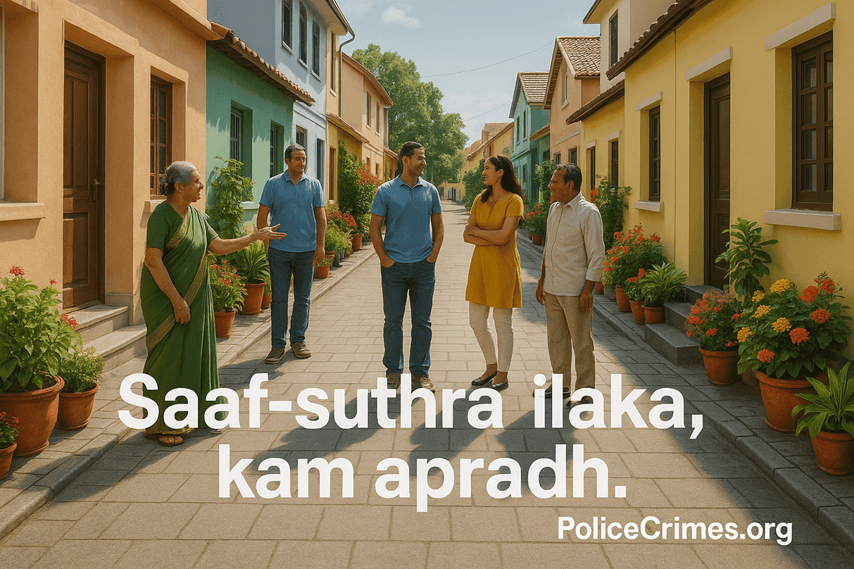 Ek saaf gali jahan log khush dikh rahe hain, jo safai aur suraksha ko dikhata hai.