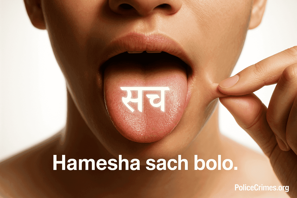 Zubaan par "Sach" likha hai, jo hamesha sach bolne ko dikhata hai.