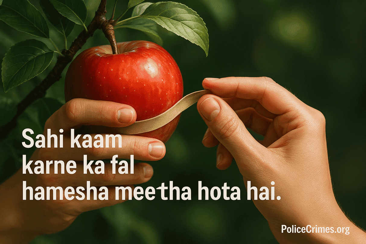 Ek ped par meetha fal laga hai jise koi tod raha hai, jo sahi kaam ke acche nateeje ko dikhata hai.