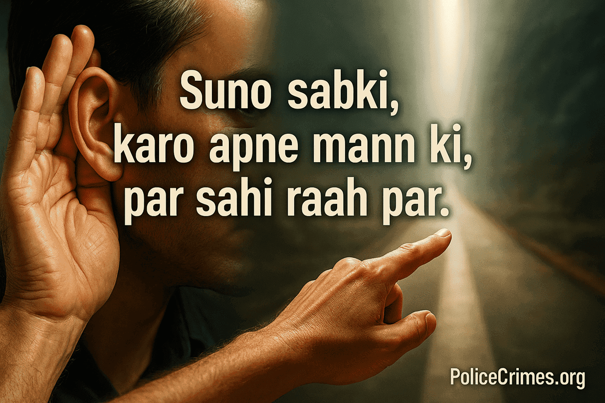 Ek insaan sunne aur dusra bolne ka ishara kar raha hai, jo sahi raah par chalne ki salah deta hai.
